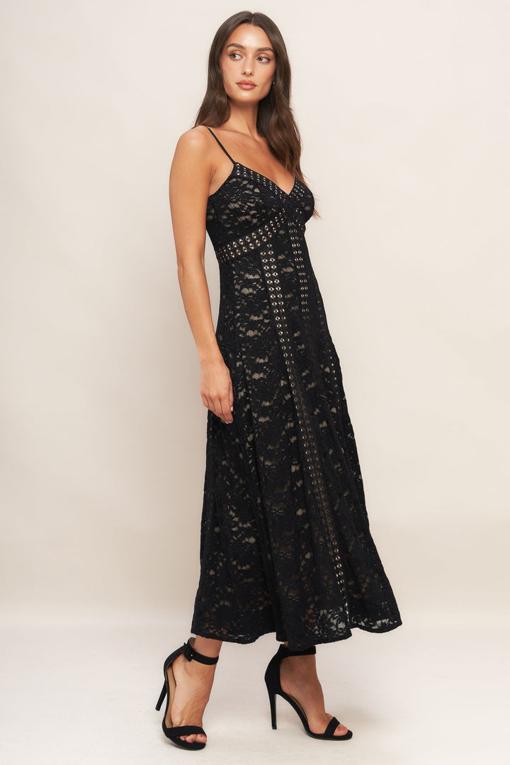 ROMANTIC NOIR NIGHTS WOVEN LACE MIDI DRESS