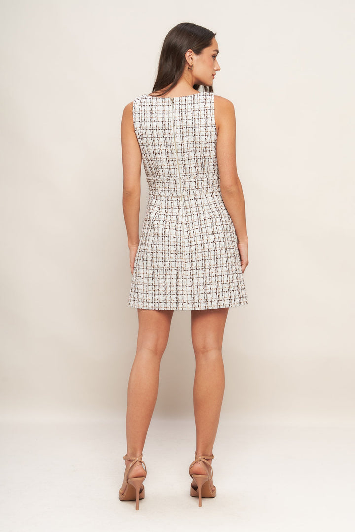 GOLDEN GRID LUXE TWEED MINI DRESS