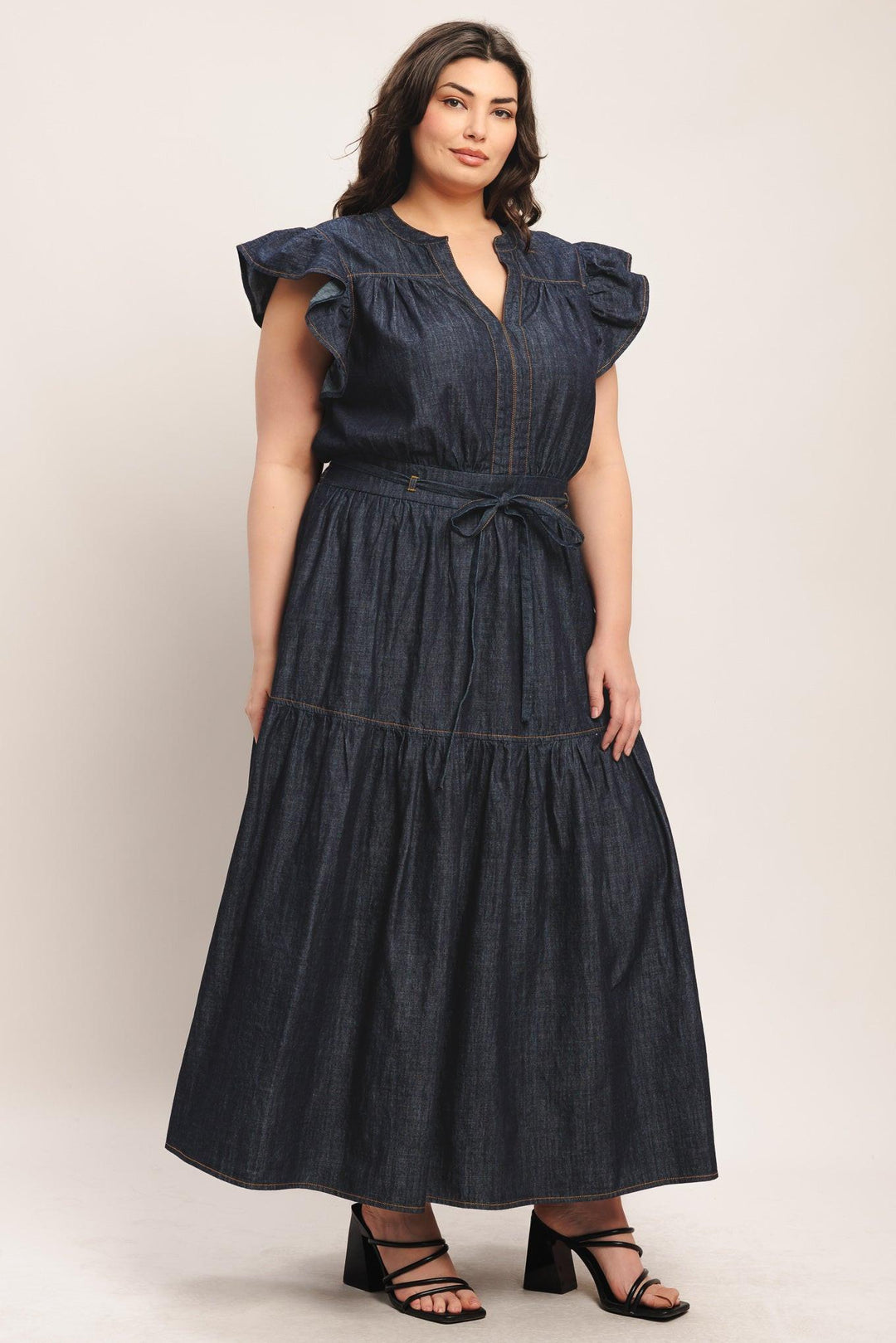 POWER DENIM GODDESS DARK INDIGO MIDI DRESS