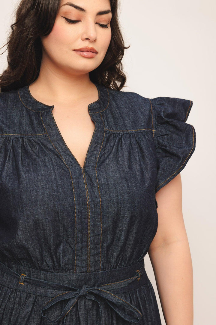 POWER DENIM GODDESS DARK INDIGO MIDI DRESS
