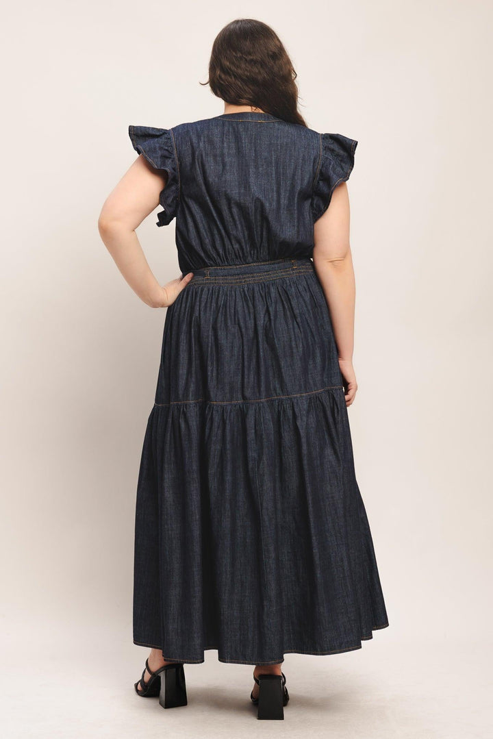 POWER DENIM GODDESS DARK INDIGO MIDI DRESS