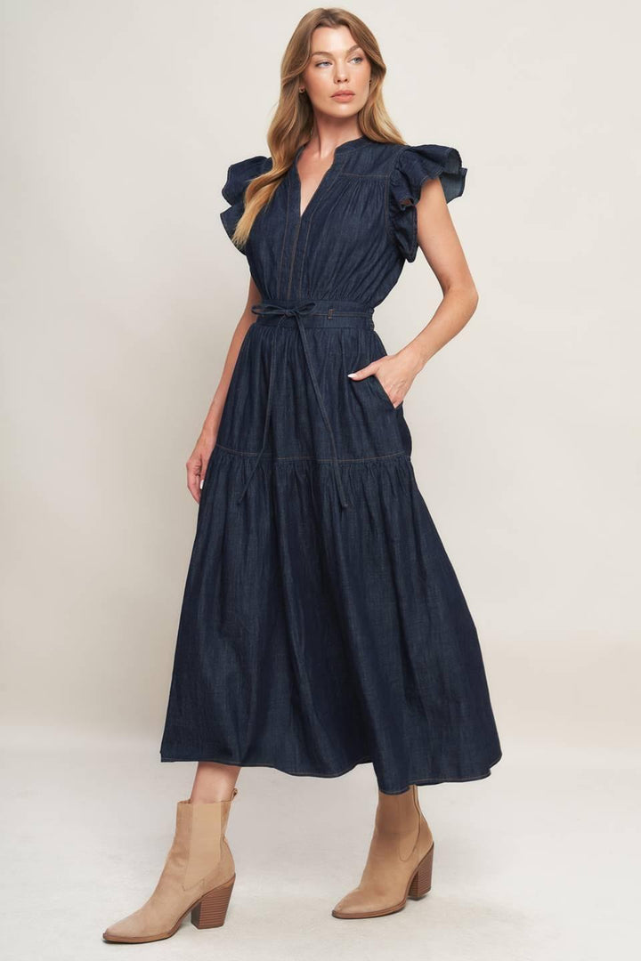 POWER DENIM GODDESS DARK INDIGO MIDI DRESS