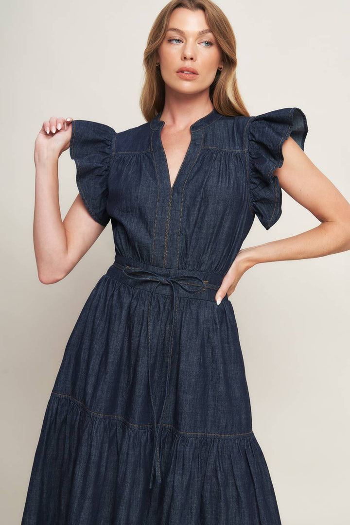 POWER DENIM GODDESS DARK INDIGO MIDI DRESS