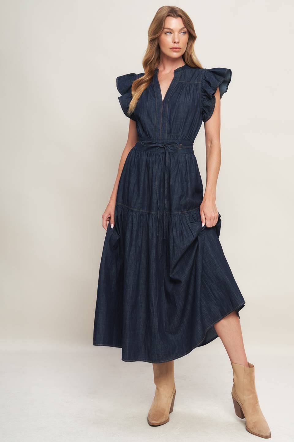 POWER DENIM GODDESS DARK INDIGO MIDI DRESS