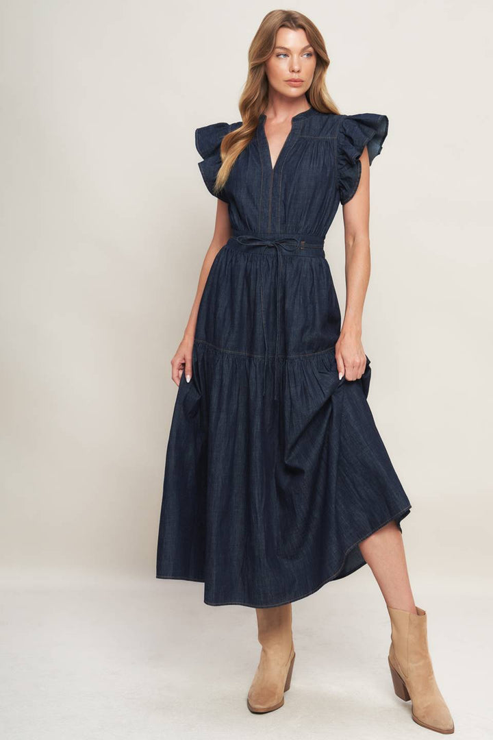POWER DENIM GODDESS DARK INDIGO MIDI DRESS
