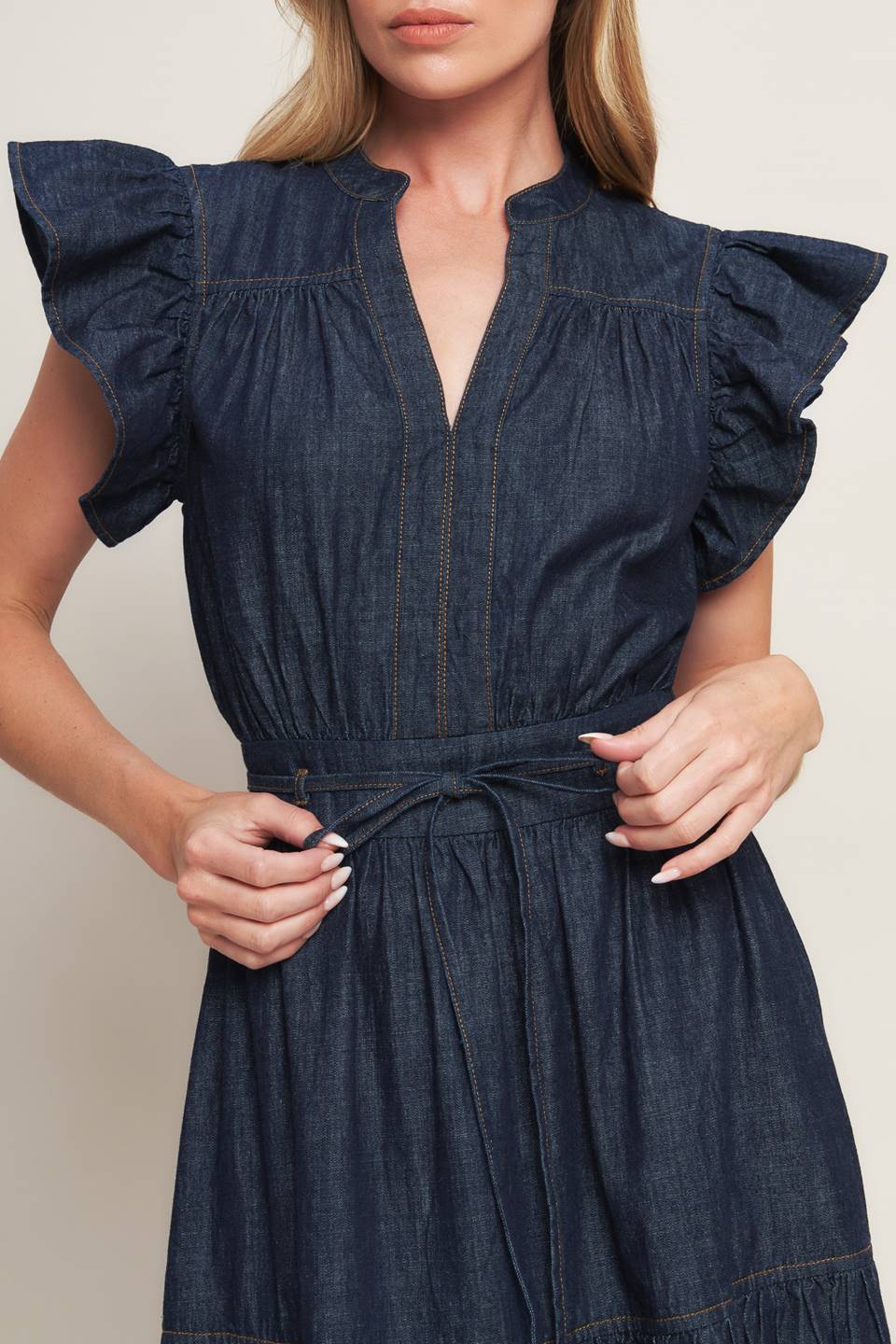 POWER DENIM GODDESS DARK INDIGO MIDI DRESS