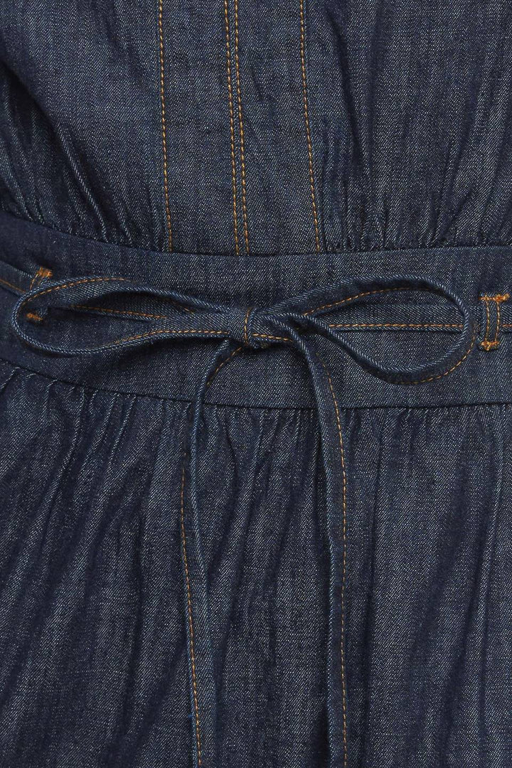 POWER DENIM GODDESS DARK INDIGO MIDI DRESS