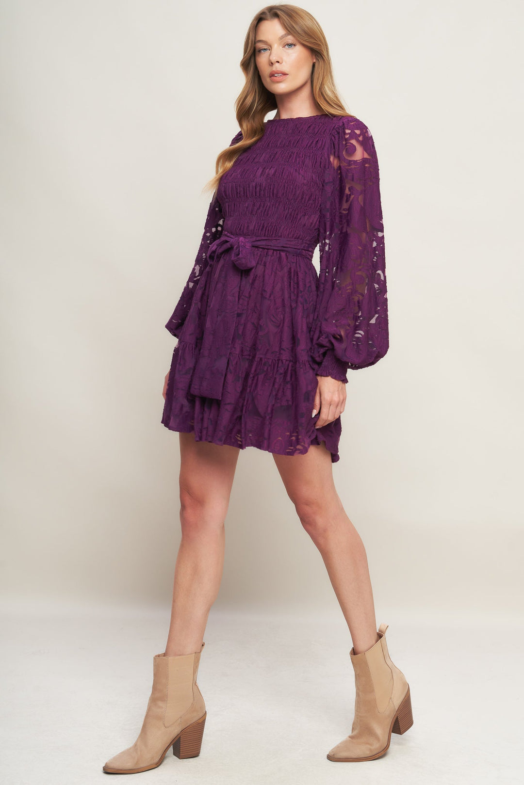 PASSION PLUM WOVEN LACE MINI DRESS