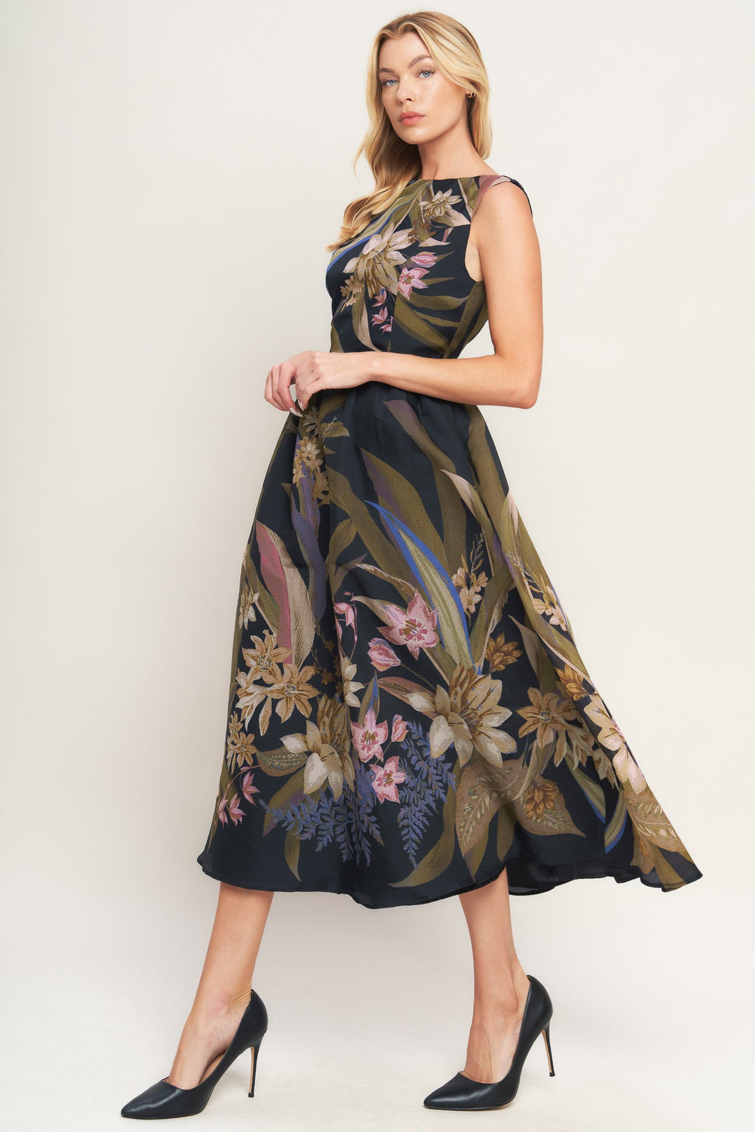 FOLIAGE WHISPER WOVEN MIDI DRESS
