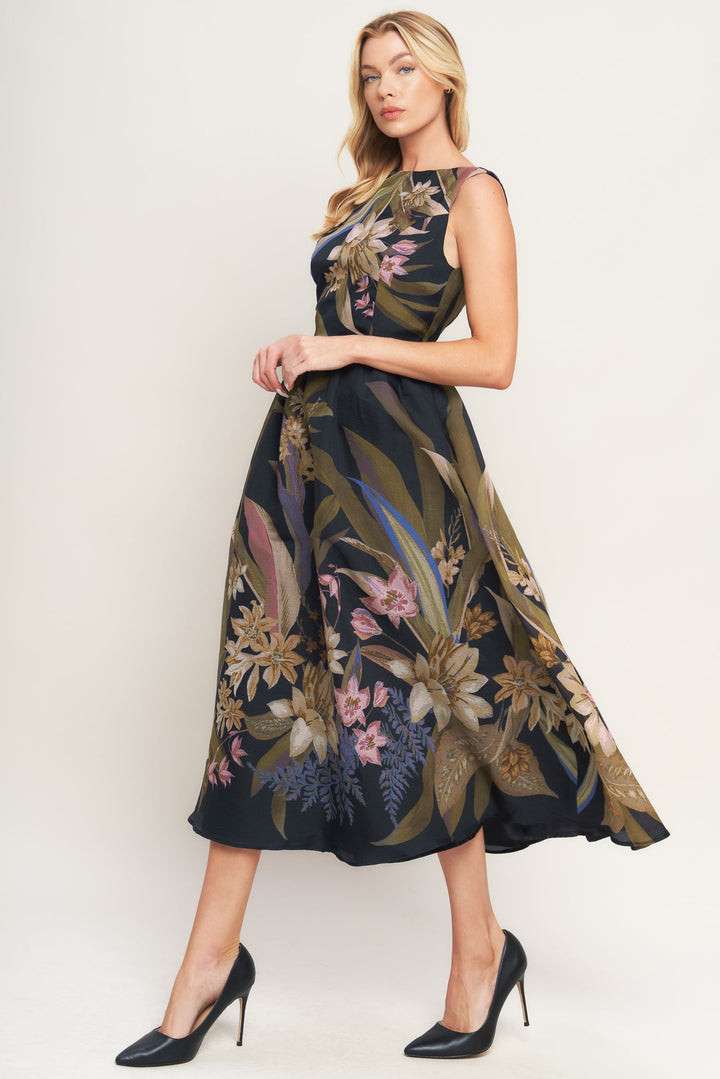FOLIAGE WHISPER WOVEN MIDI DRESS