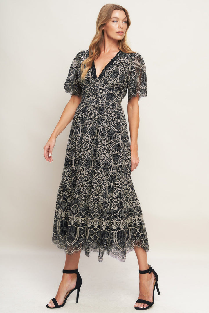 GOTHIC BLOOM WOVEN LACE MIDI DRESS