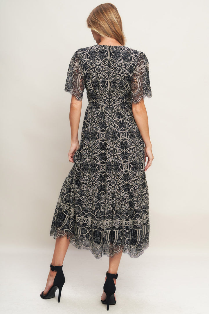 GOTHIC BLOOM WOVEN LACE MIDI DRESS