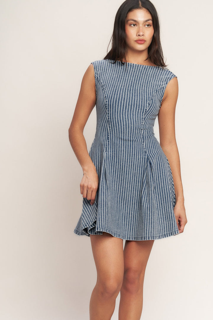 PERFECTLY PLANNED STRIPED DENIM MINI DRESS