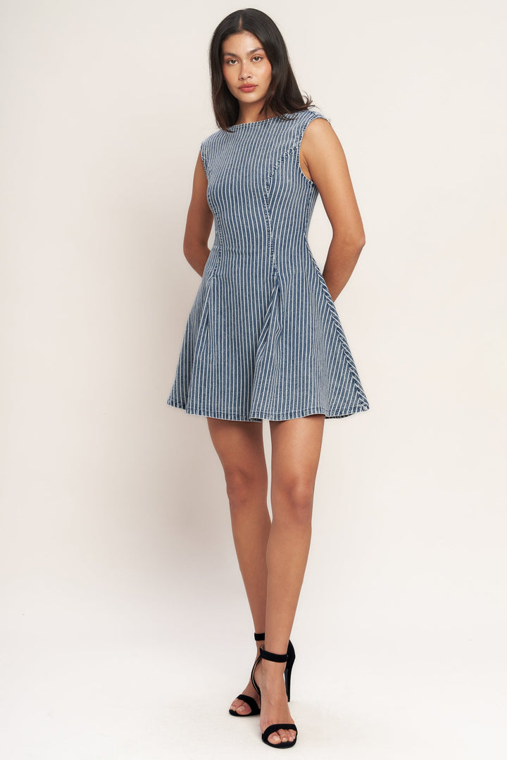 PERFECTLY PLANNED STRIPED DENIM MINI DRESS