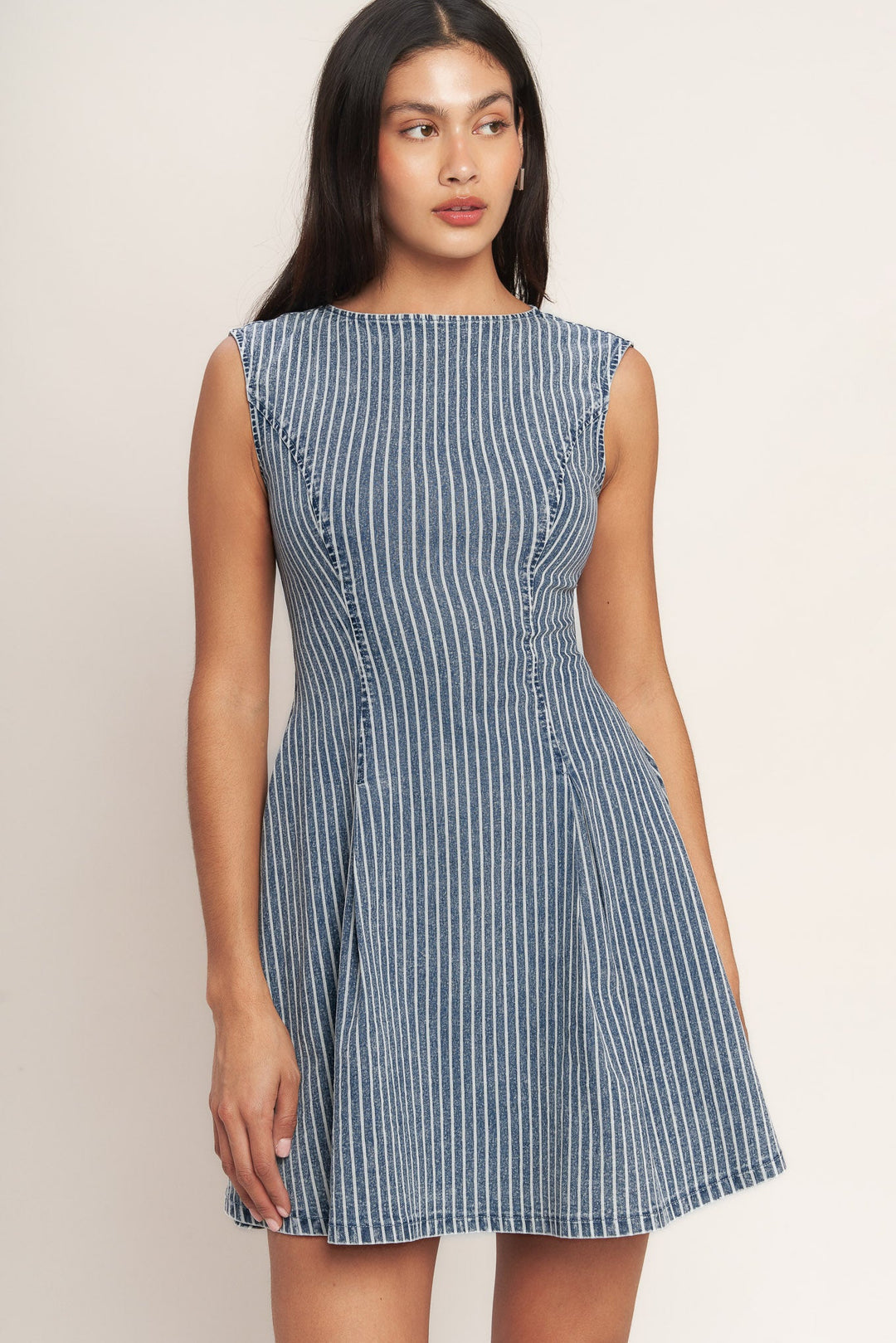 PERFECTLY PLANNED STRIPED DENIM MINI DRESS