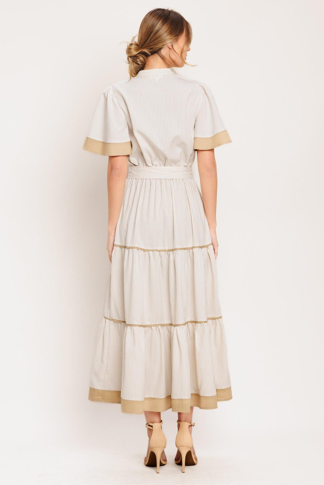 PARIS MORNING TAUPE WOVEN MIDI DRESS