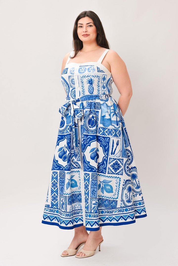 BLUE MAJOLICA CHARM WOVEN MIDI DRESS