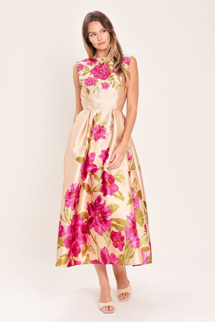 SOFT SATIN FLORAL WOVEN MIDI DRESS