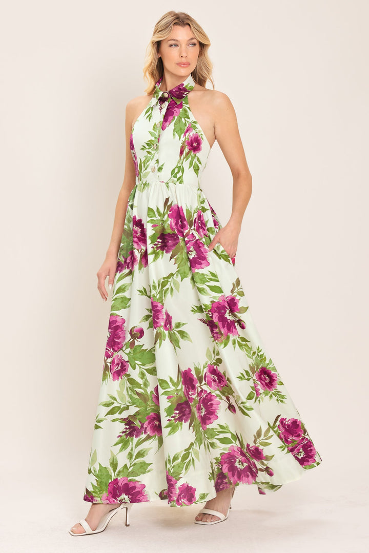 FUCHSIA ROSE HALTER WOVEN MAXI DRESS
