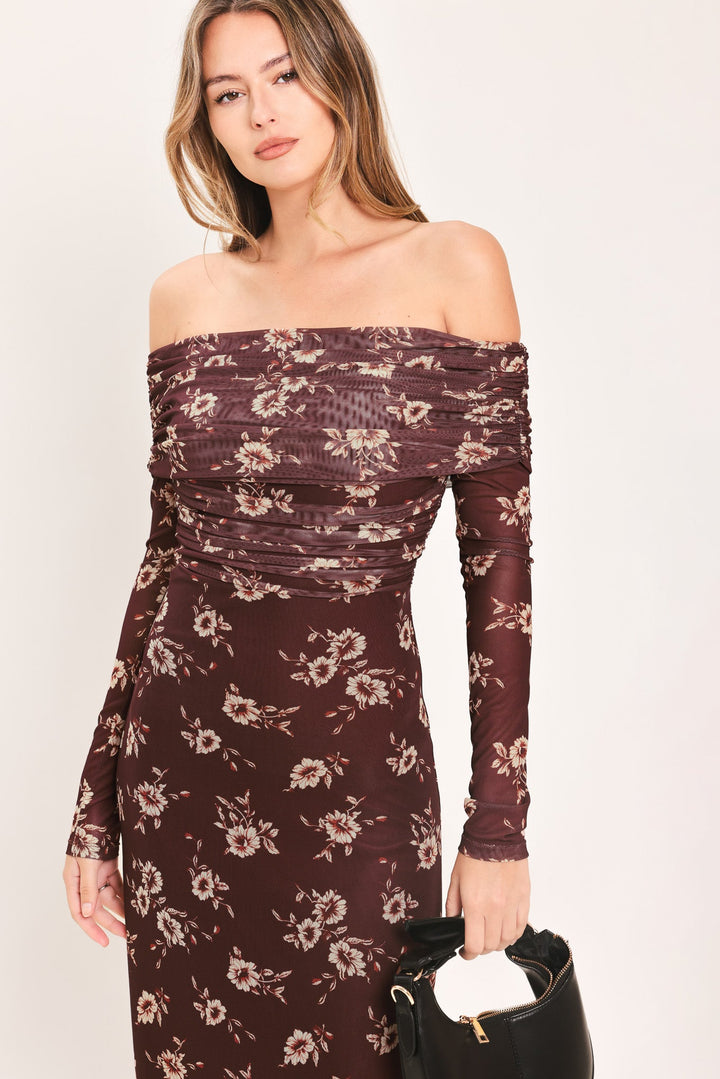 TWILIGHT GARDEN POWER MESH MAXI DRESS