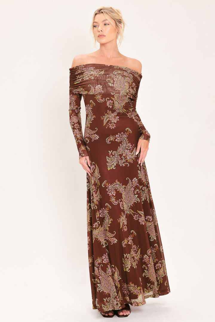 BURNT SIENNA SERENADE POWER MESH MAXI MAXI DRESS