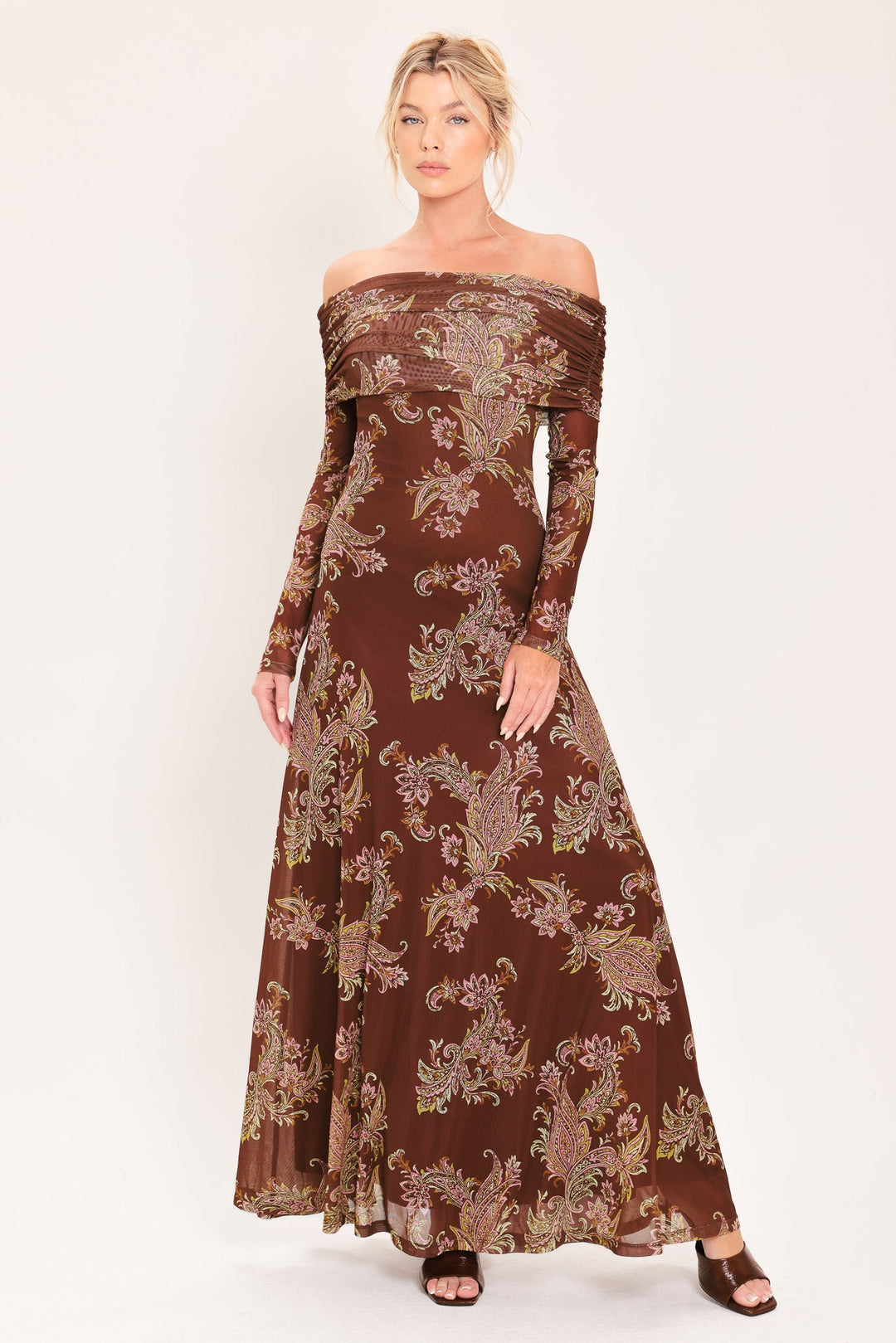 BURNT SIENNA SERENADE POWER MESH MAXI MAXI DRESS