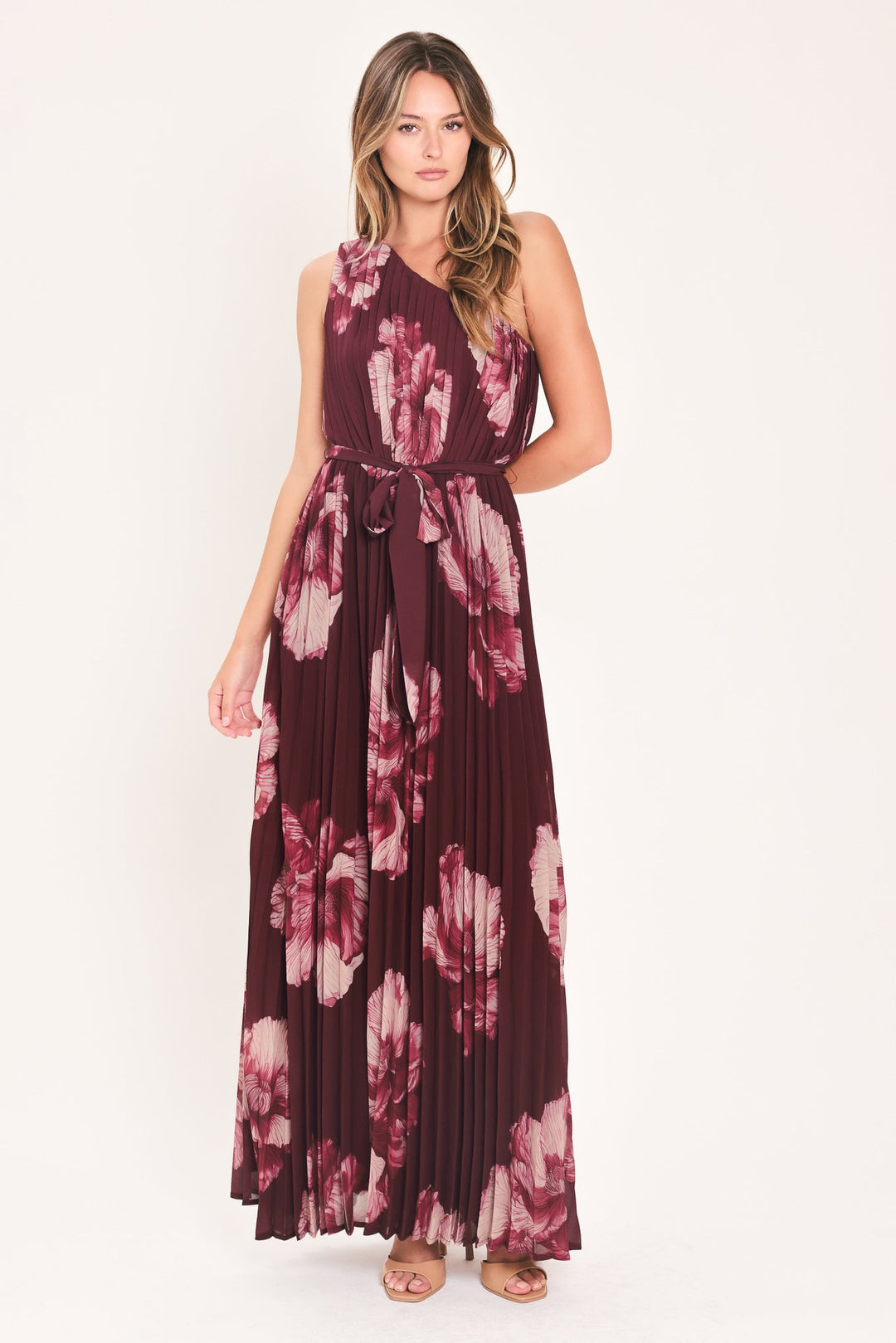 CRIMSON AFFAIR BURGUNDY PLEATED ONE-SHOULDER MAXI DRESS