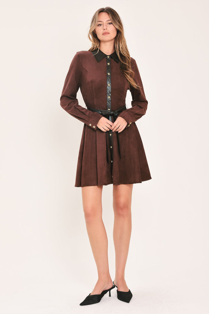 FALLING FOR YOU BURGUNDY FAUX SUEDE TIE-WAIST MINI DRESS