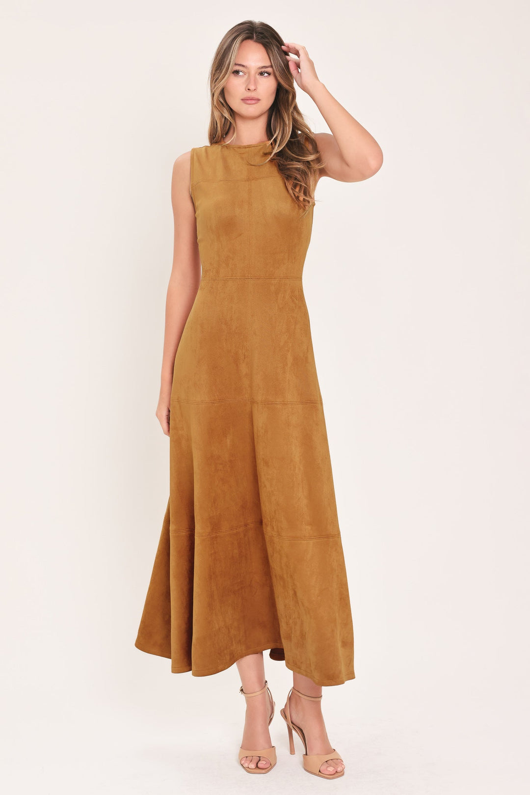 HARVEST MOON CAMEL FAUX SUEDE FIT &amp; FLARE MIDI DRESS