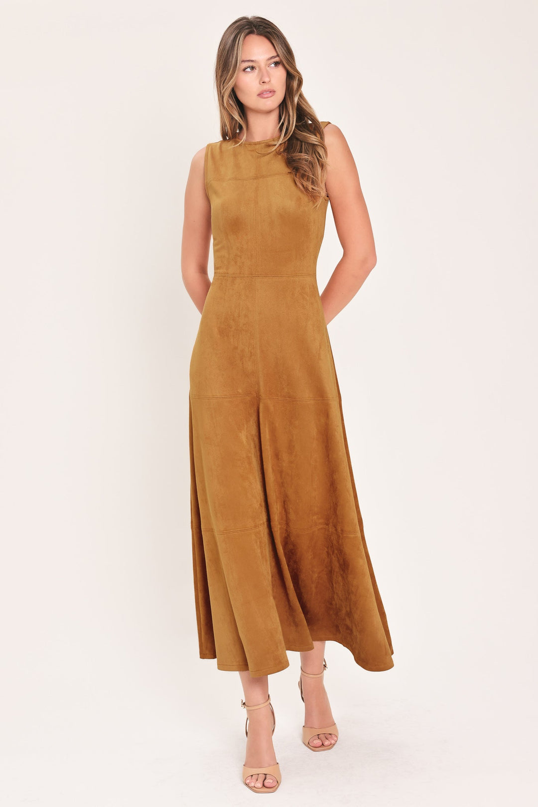 HARVEST MOON CAMEL FAUX SUEDE FIT &amp; FLARE MIDI DRESS
