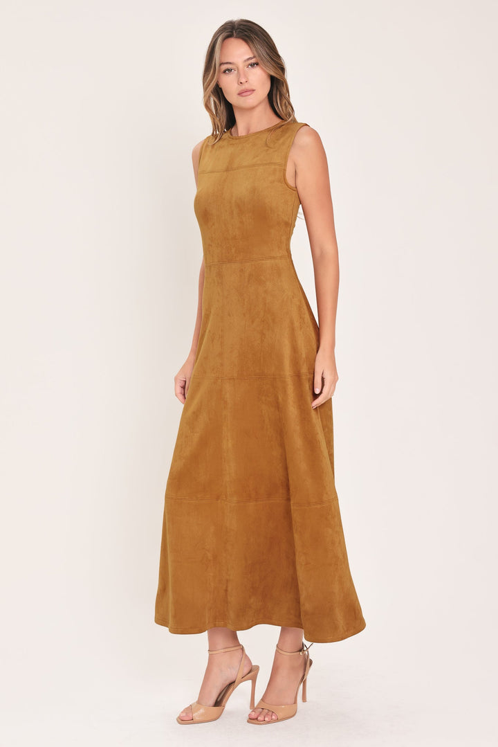 HARVEST MOON CAMEL FAUX SUEDE FIT &amp; FLARE MIDI DRESS
