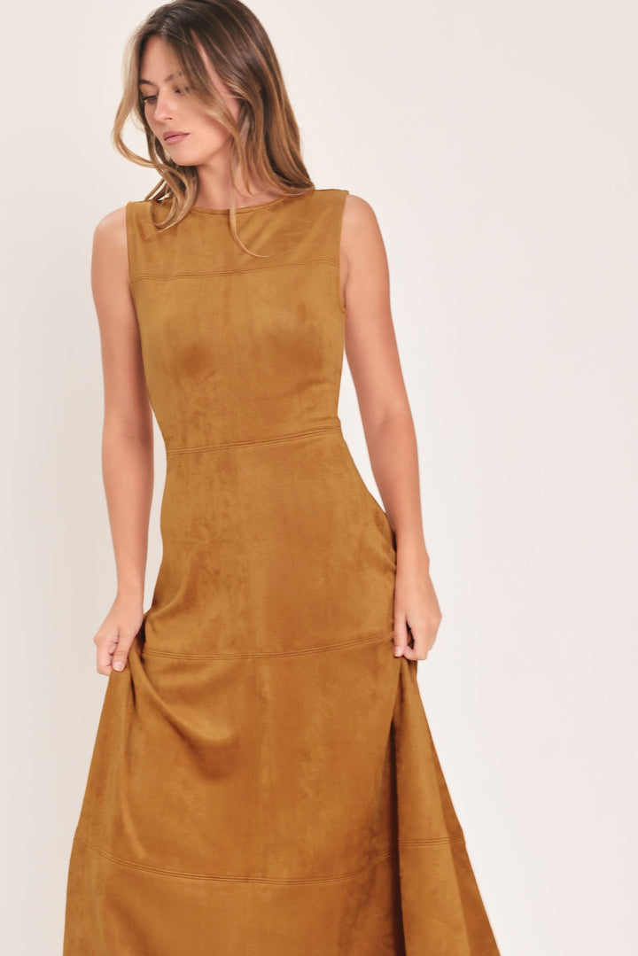 HARVEST MOON CAMEL FAUX SUEDE FIT &amp; FLARE MIDI DRESS