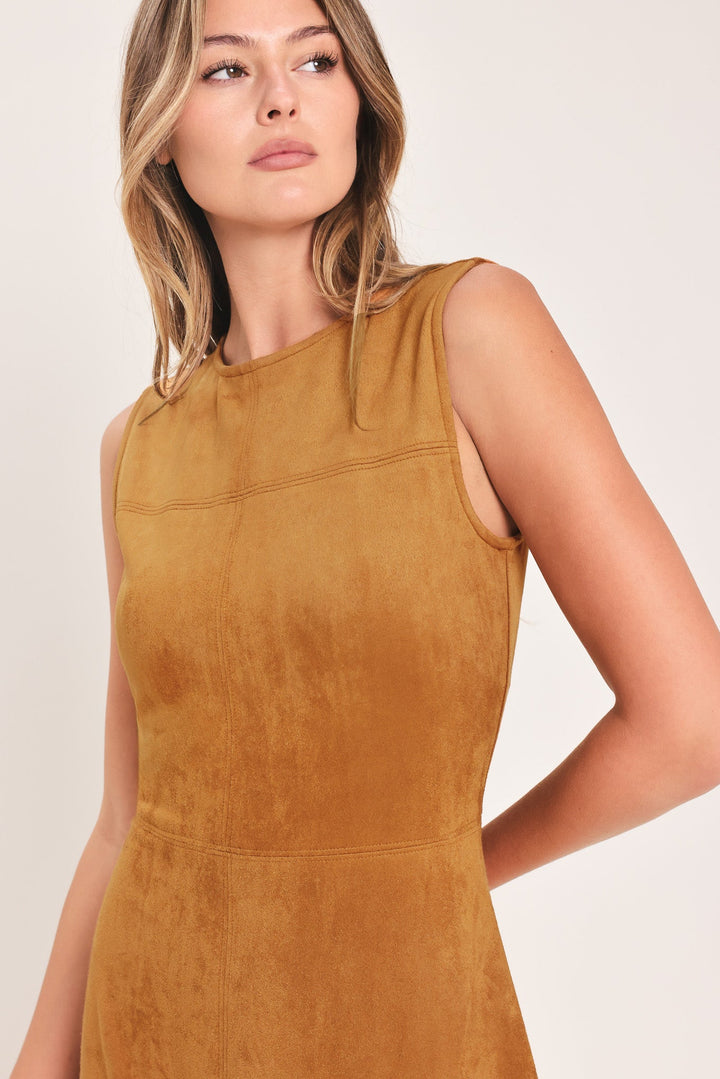 HARVEST MOON CAMEL FAUX SUEDE FIT &amp; FLARE MIDI DRESS