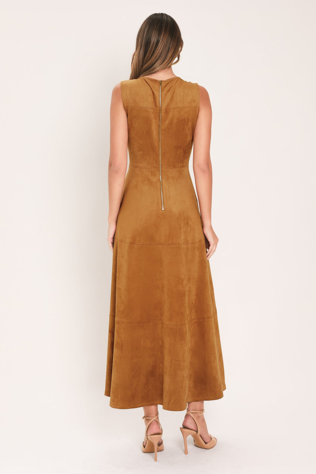 HARVEST MOON CAMEL FAUX SUEDE FIT &amp; FLARE MIDI DRESS