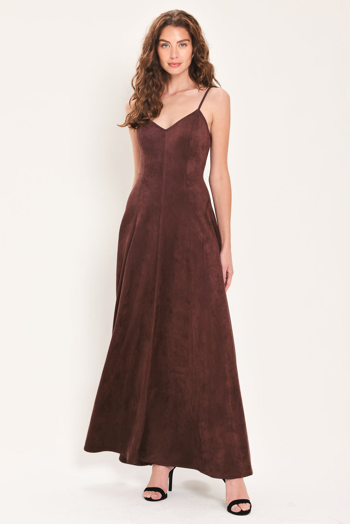 RAISIN RENDEZVOUS FAUX SUEDE MAXI DRESS