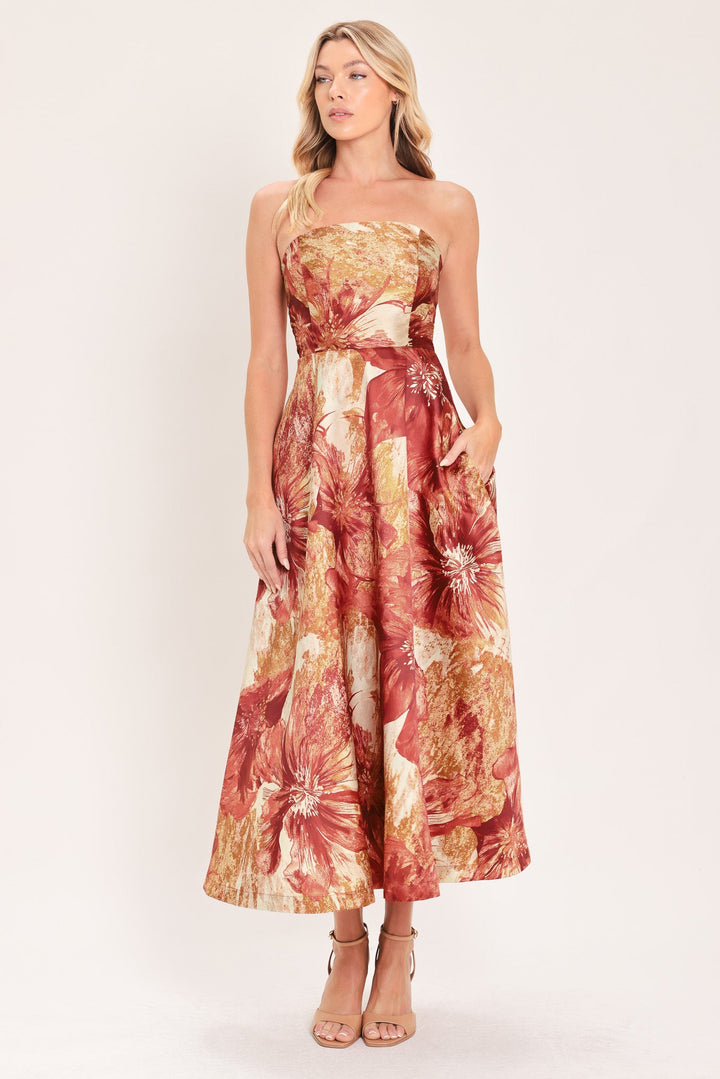 CINNAMON FLORA DRIFT WOVEN MIDI DRESS