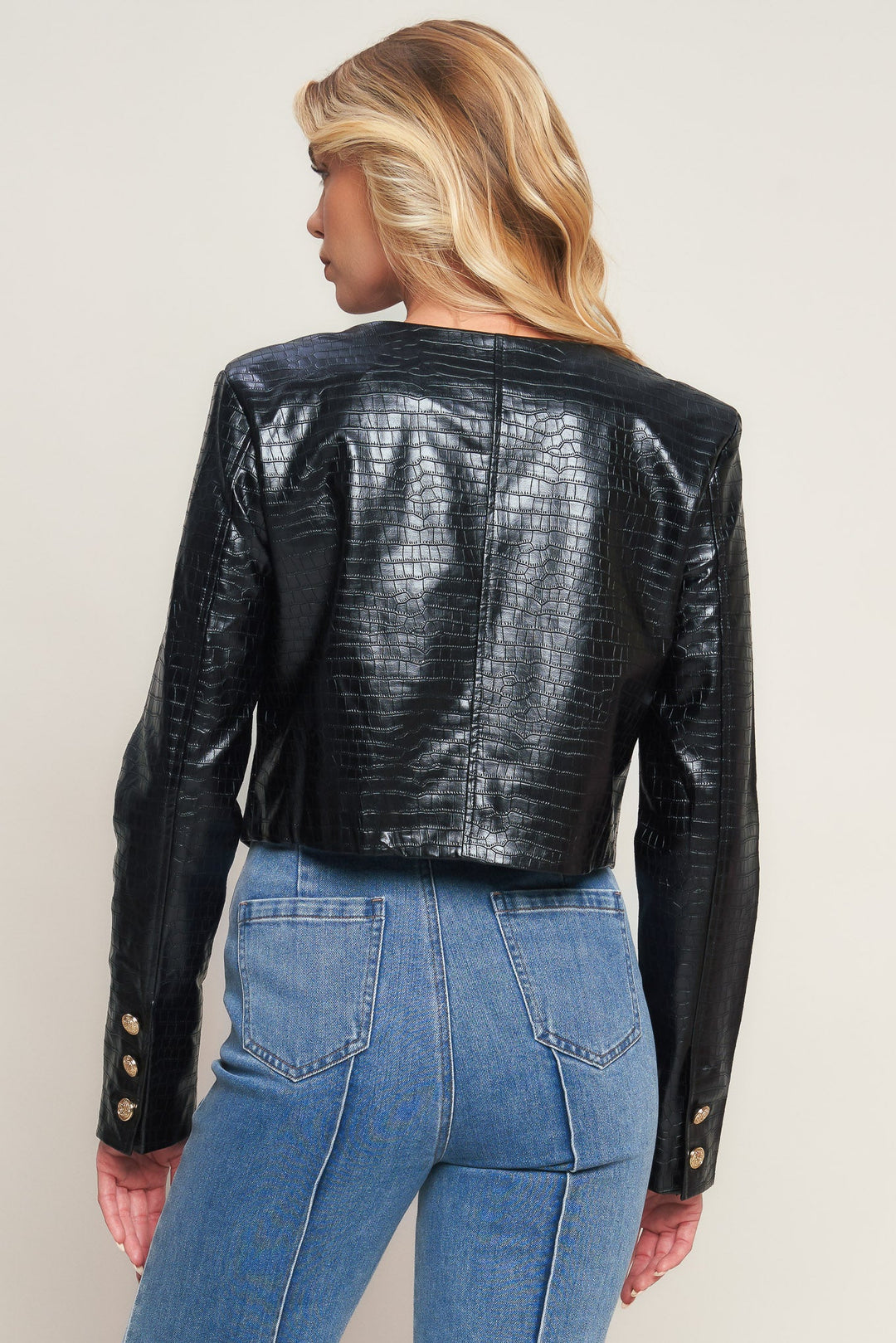AT THE START FAUX LEATHER BOLERO JACKET