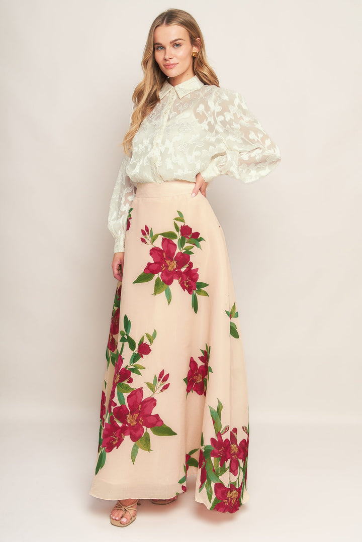 ELEGANT WILDFLOWER BLUSH WOVEN MAXI SKIRT