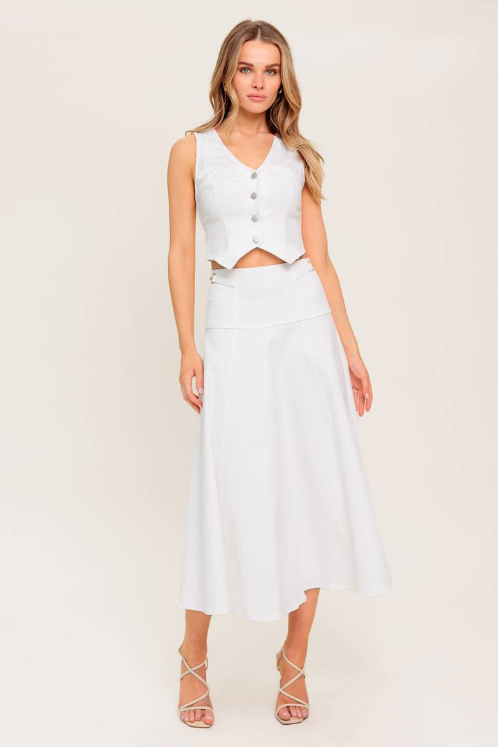SECRET CHARM WHITE DENIM WOVEN MIDI SKIRT
