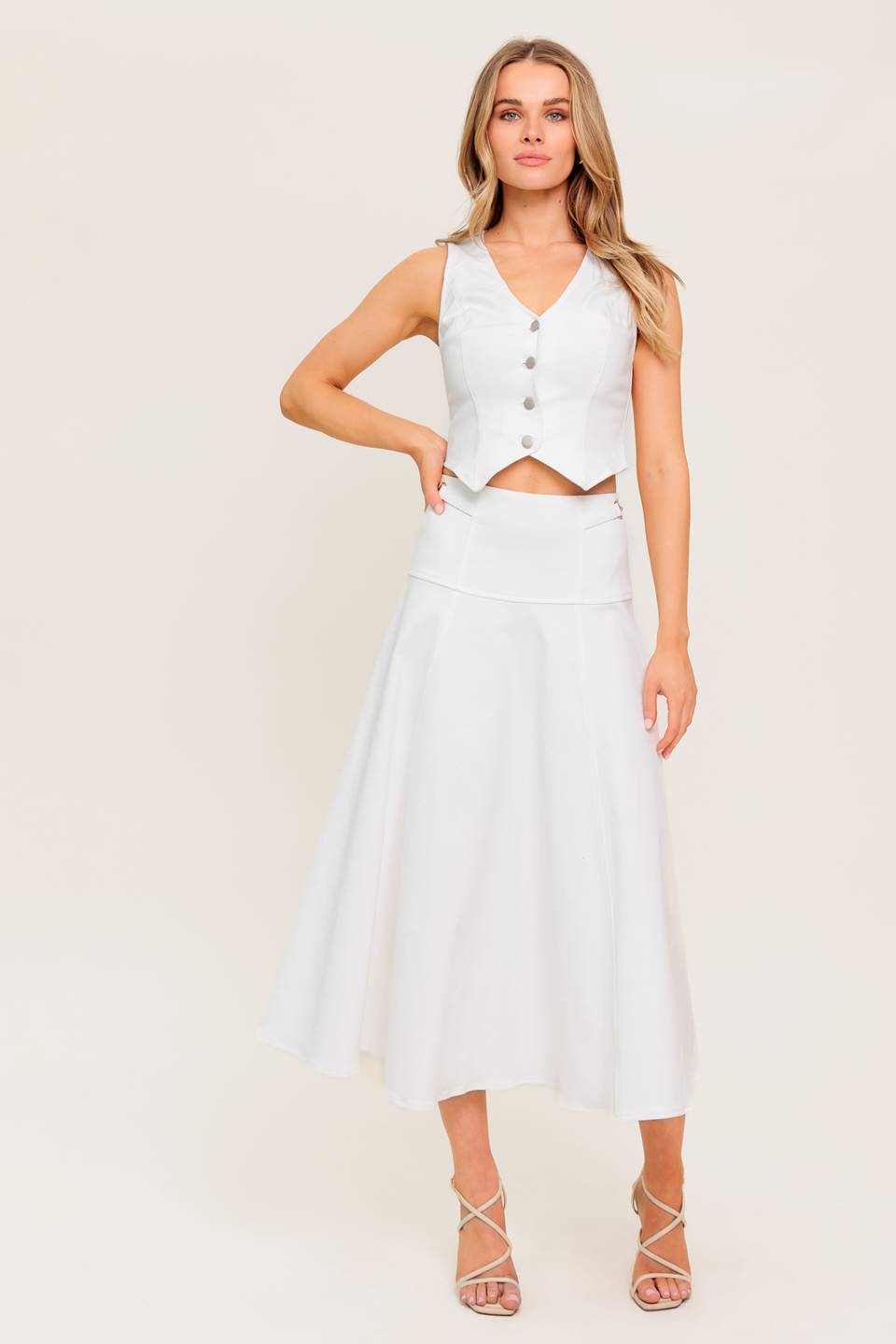 SECRET CHARM WHITE DENIM WOVEN MIDI SKIRT