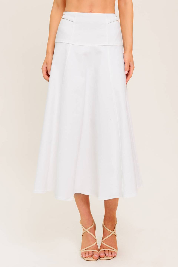 SECRET CHARM WHITE DENIM WOVEN MIDI SKIRT