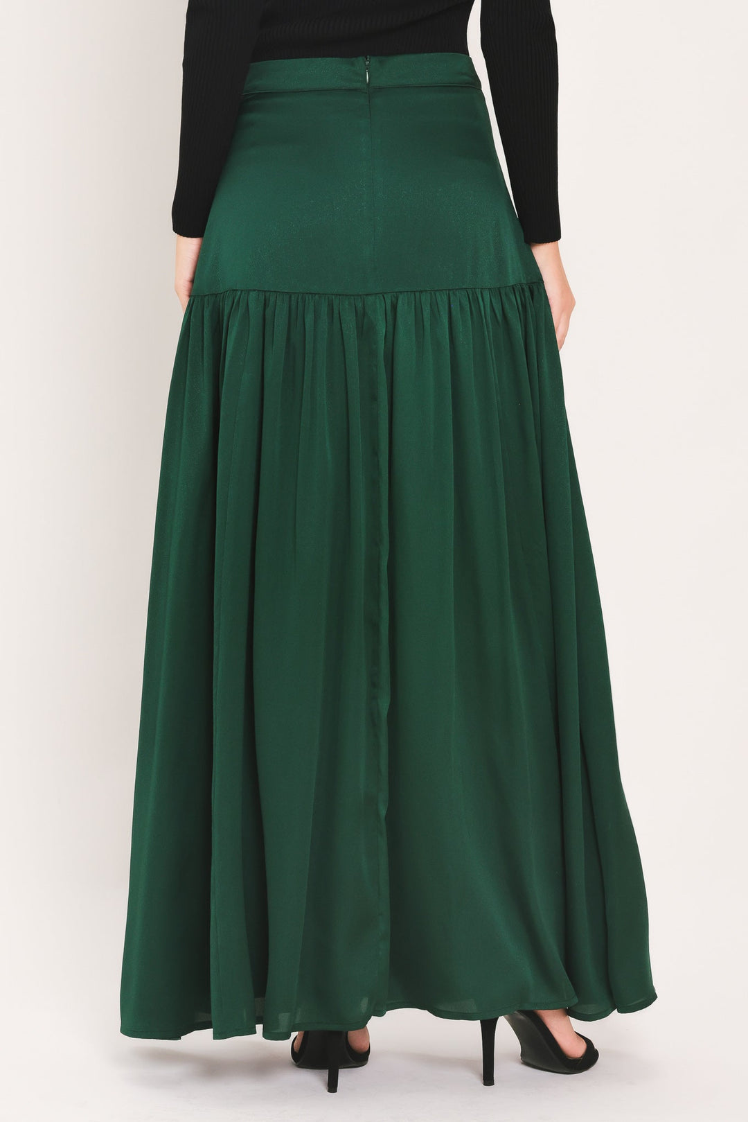 FOREST POISE HUNTER GREEN DROP-WAIST TIERED MAXI SKIRT