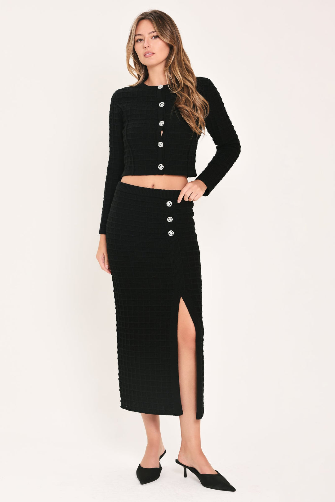 POLISHED MOMENT BLACK BUTTON-SLIT SWEATER MIDI SKIRT