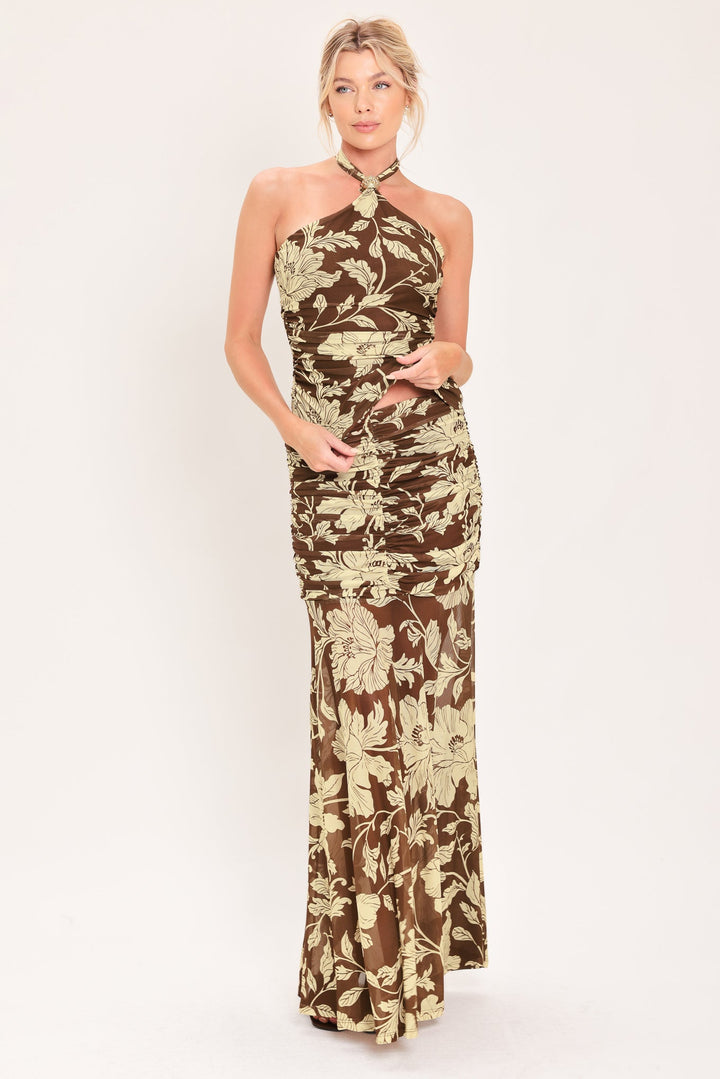 EARTHY FLORAL TEMPTATION POWER MESH MAXI SKIRT