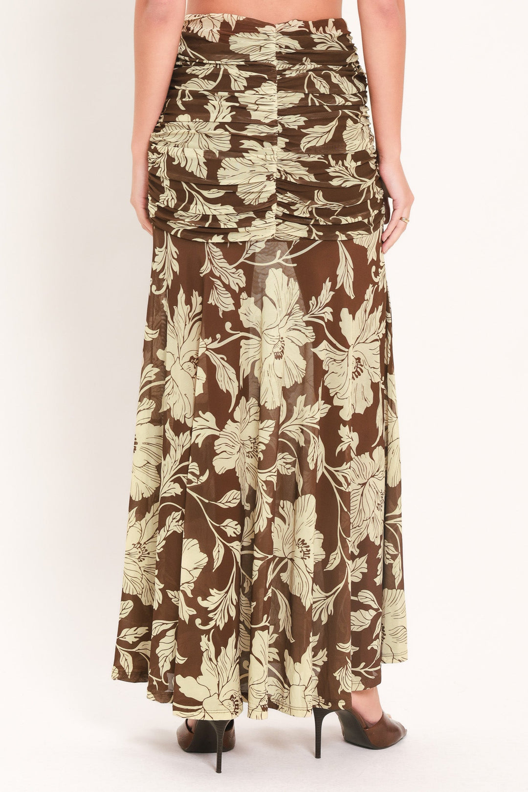 EARTHY FLORAL TEMPTATION POWER MESH MAXI SKIRT