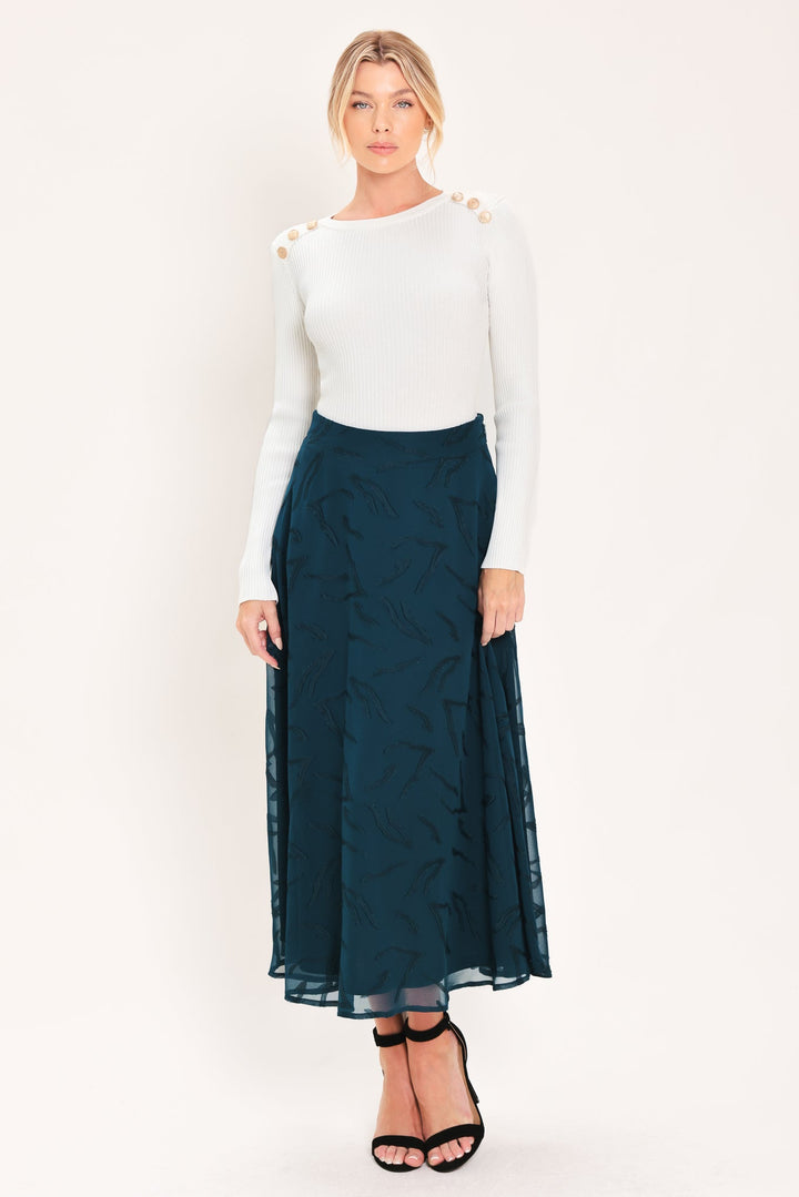 TEAL SHADOW SWAY WOVEN JACQUARD CIRCLE MIDI SKIRT