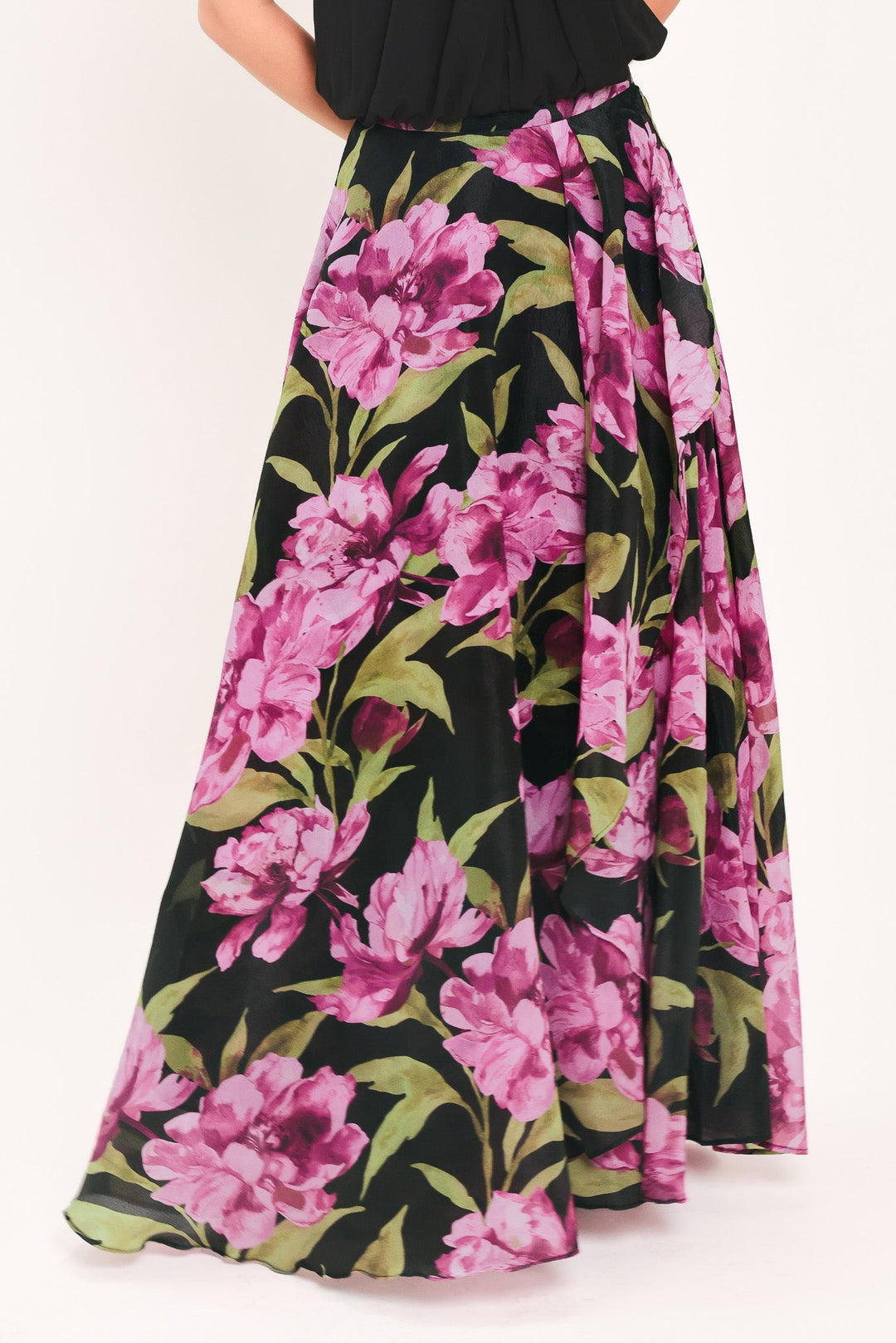 NOIR GARDEN BLACK PRINTED FULL-CIRCLE MAXI SKIRT