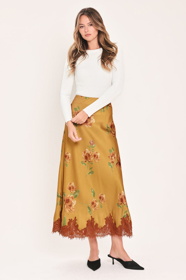 COUNTRYSIDE CHARM CAMEL PRINTED LACE-HEM MIDI SKIRT