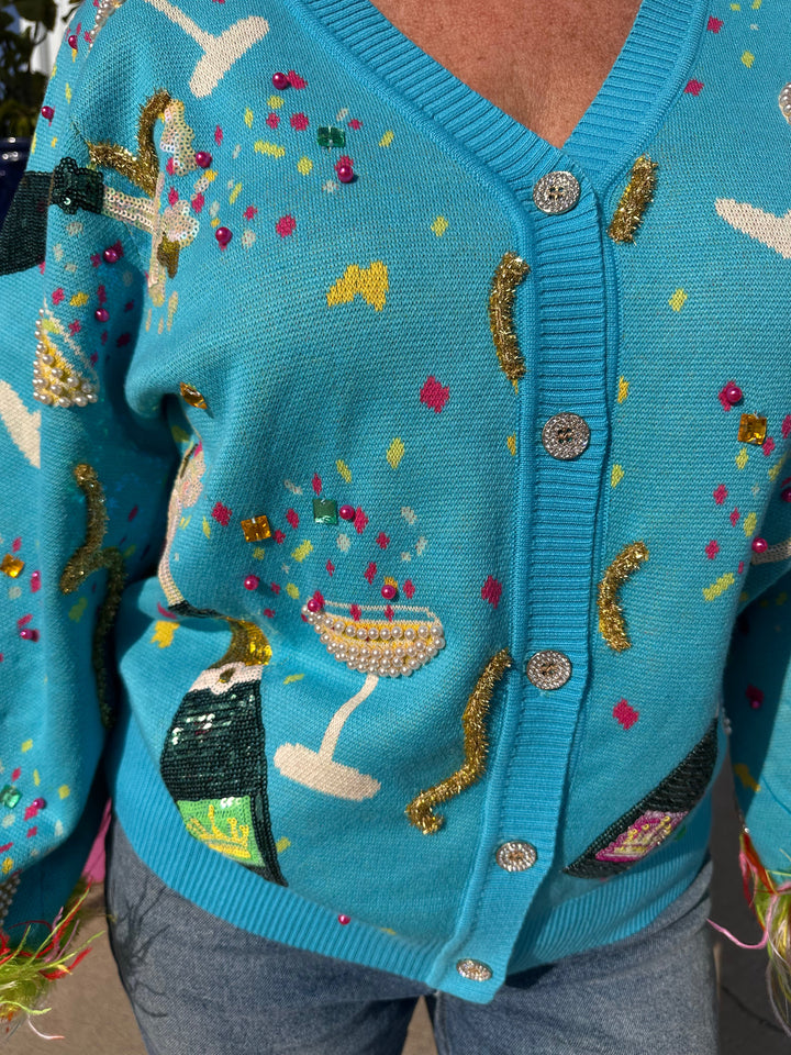 Queen of Sparkles Aqua Popping Champagne Bottle & Coupe Feather Sleeve Button Up Cardigan