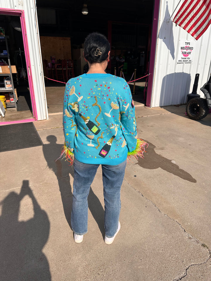 Queen of Sparkles Aqua Popping Champagne Bottle & Coupe Feather Sleeve Button Up Cardigan